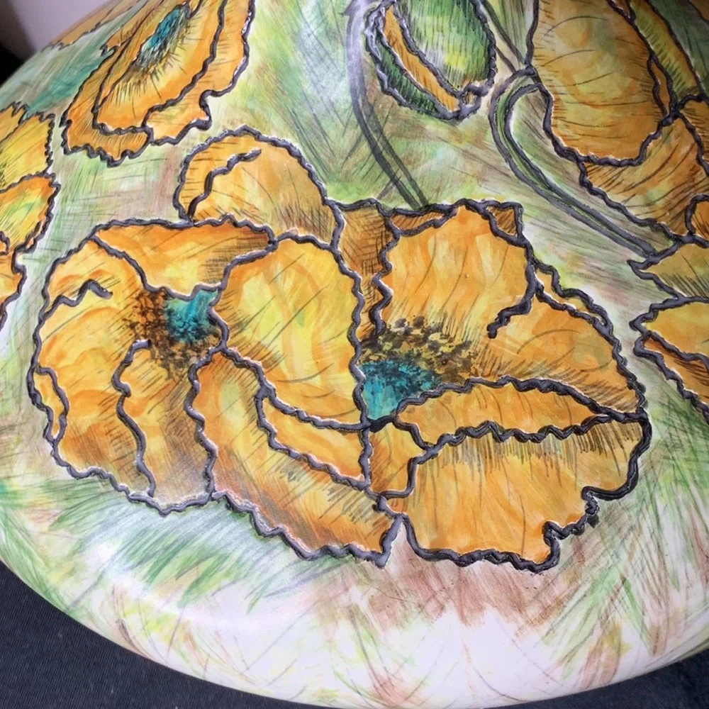 Vintage Artist Design hand painted and etched Ceramic Decanter with poppies - Picture 5 of 11